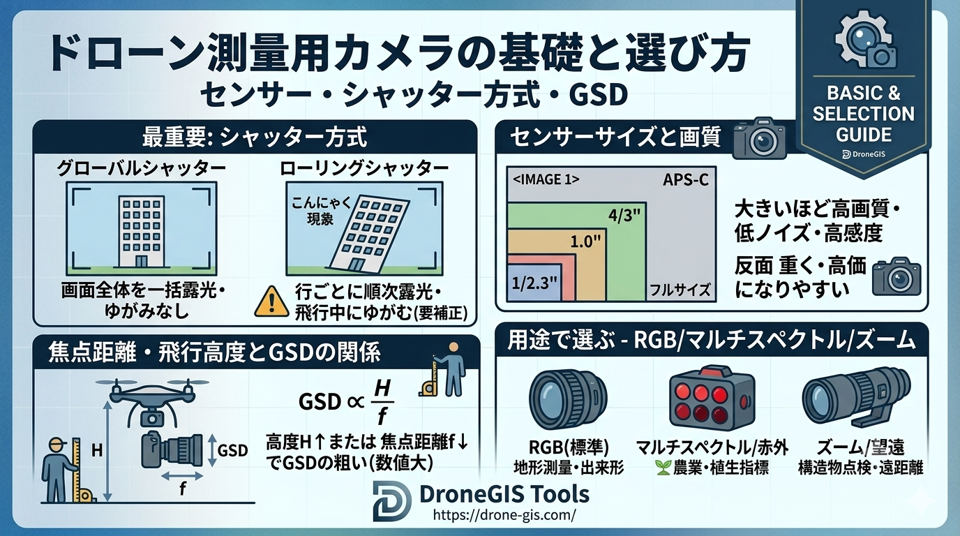 ドローン測量用カメラの基礎と選び方 - センサー・シャッター方式・GSD