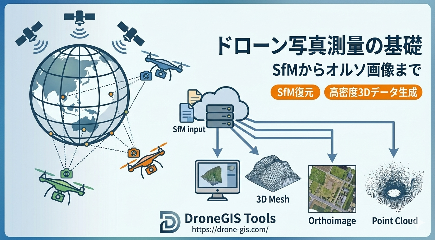 ドローン写真測量の基礎 - SfMからオルソ画像までの概念図