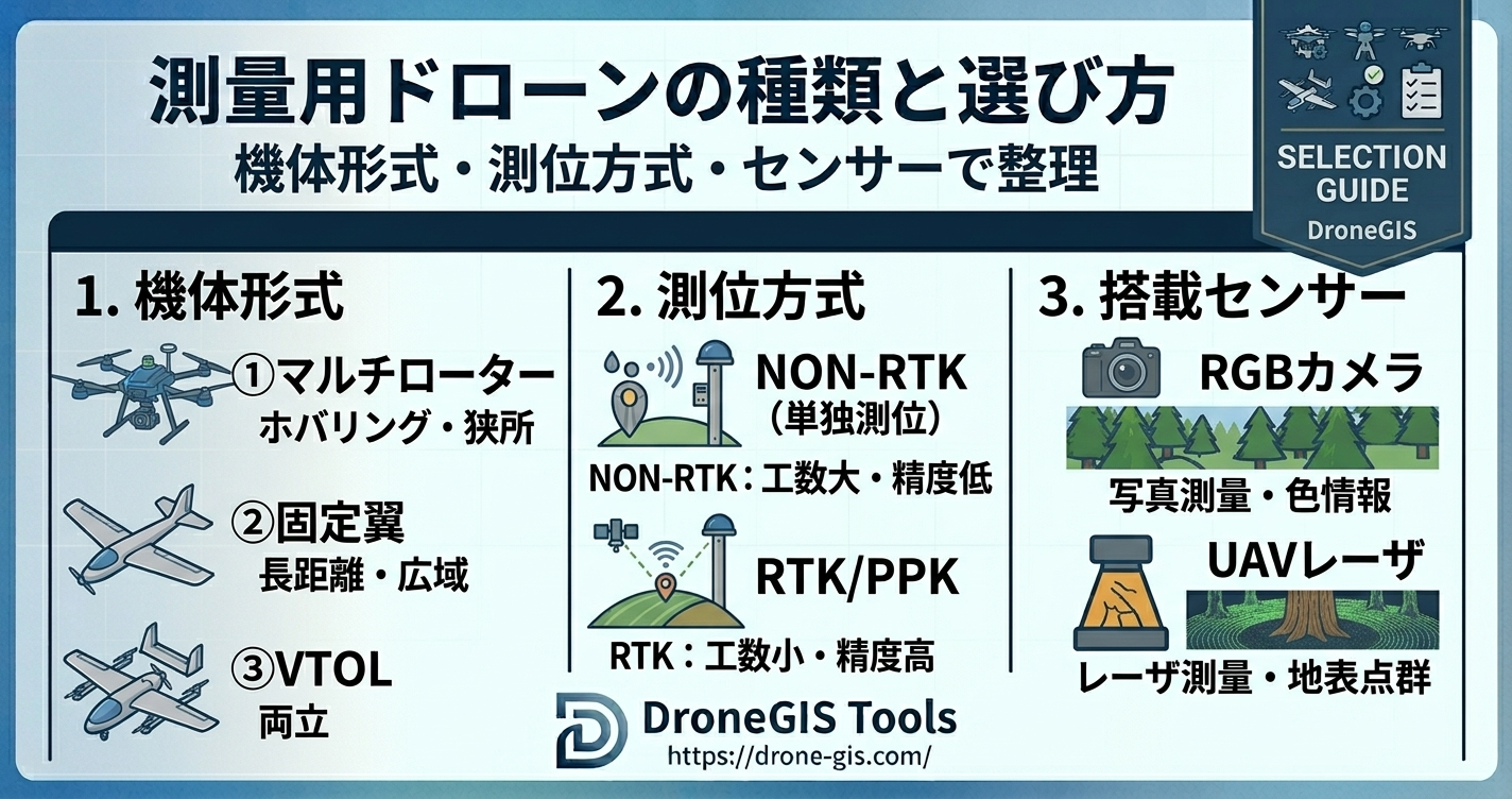 測量用ドローンの種類と選び方 - マルチコプター/固定翼、RTK機の違い