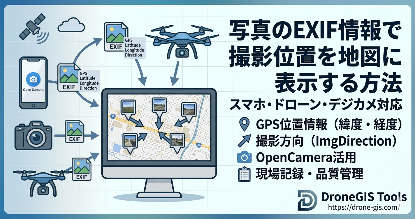 写真のEXIF情報で撮影位置を地図に表示する方法の概念図